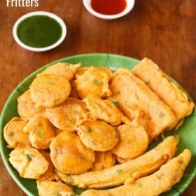 Bhajiya on plate with text layovers.