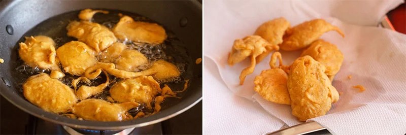 Collage of potato bhajiya being fried in oil and golden fried potato bhajiya on paper towels.