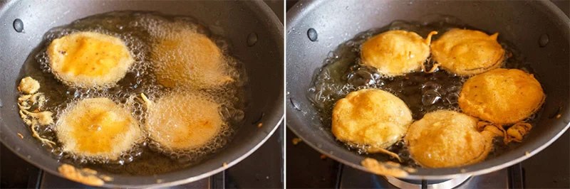 Collage of batter coated brinjal slices in hot oil and brinjal bhajia being fried in oil