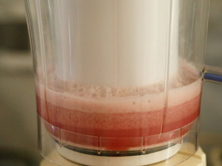 Pomegranate juice in a juicer.