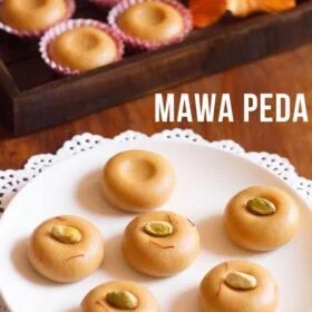 Mawa peda on a white plate with text layovers.