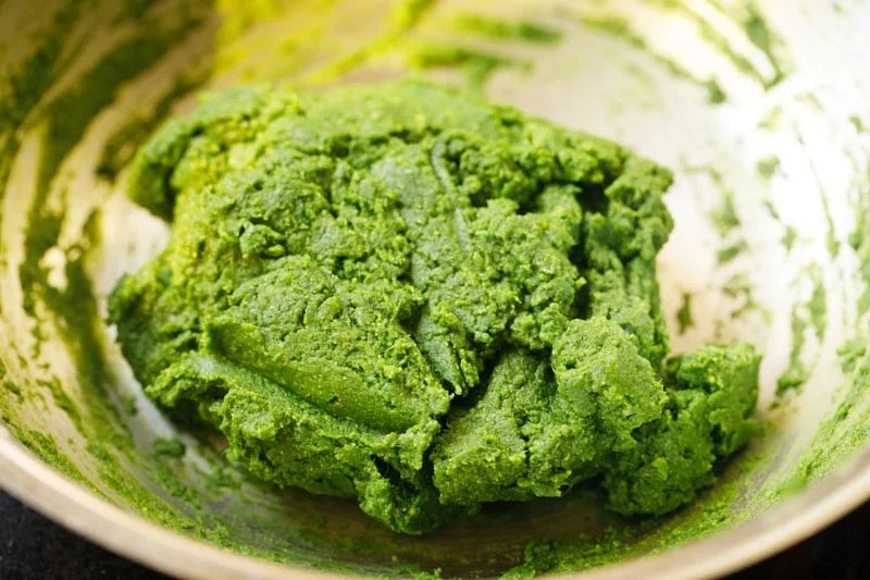 Spinach mixture after refrigeration to make palak kofta.